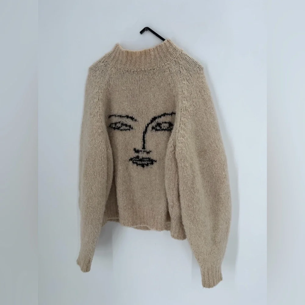Paloma Wool Piero Face Intarsia Wool Alpaca Blend Knitted Boxy Sweater In Ecru - Picture 3 of 16